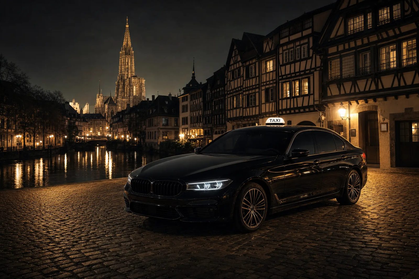 Berline noire premium devant la Petite France à Strasbourg, de nuit — TAXI 46